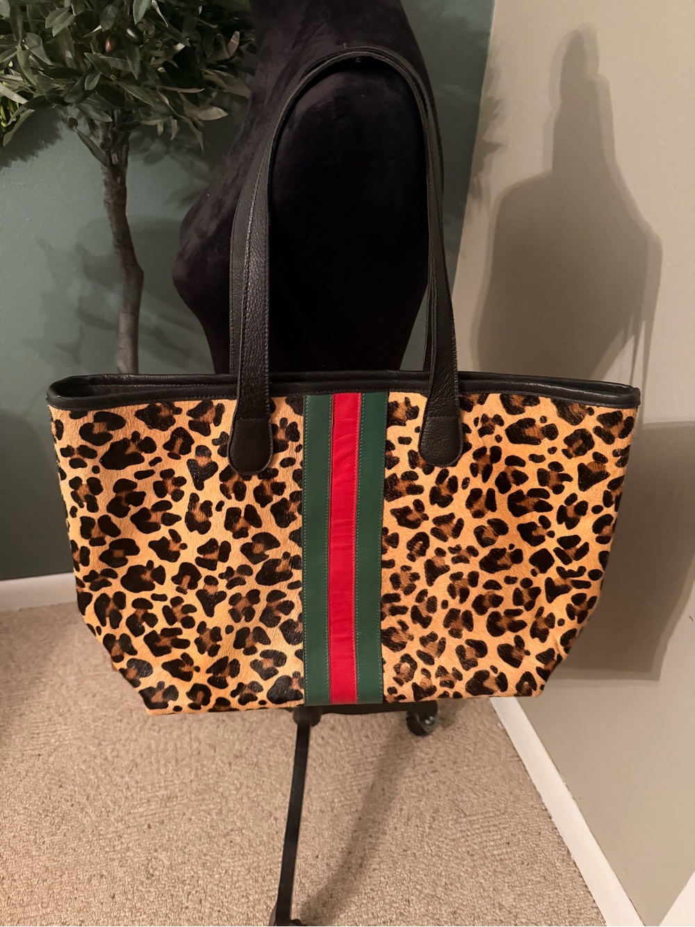 Parker & Hyde Leopard Print Tote Bag with Green & Red Stripe